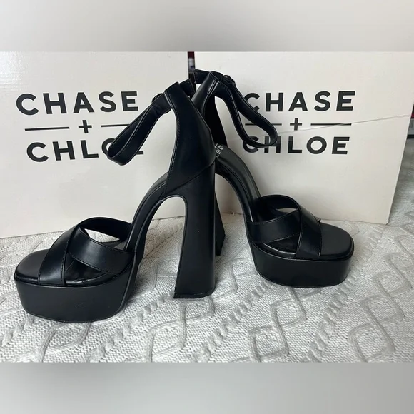 Chase + Chloe Black Strappy Adjustable Platform Heels Various Sizes - Picture 5 of 14